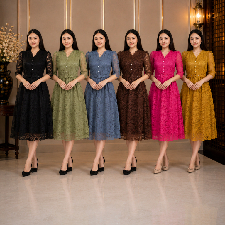 Dress Viona Premium Wanita | Dress Pesta Natal Gereja Kondangan Formal Kekinian Model A-Line Midi