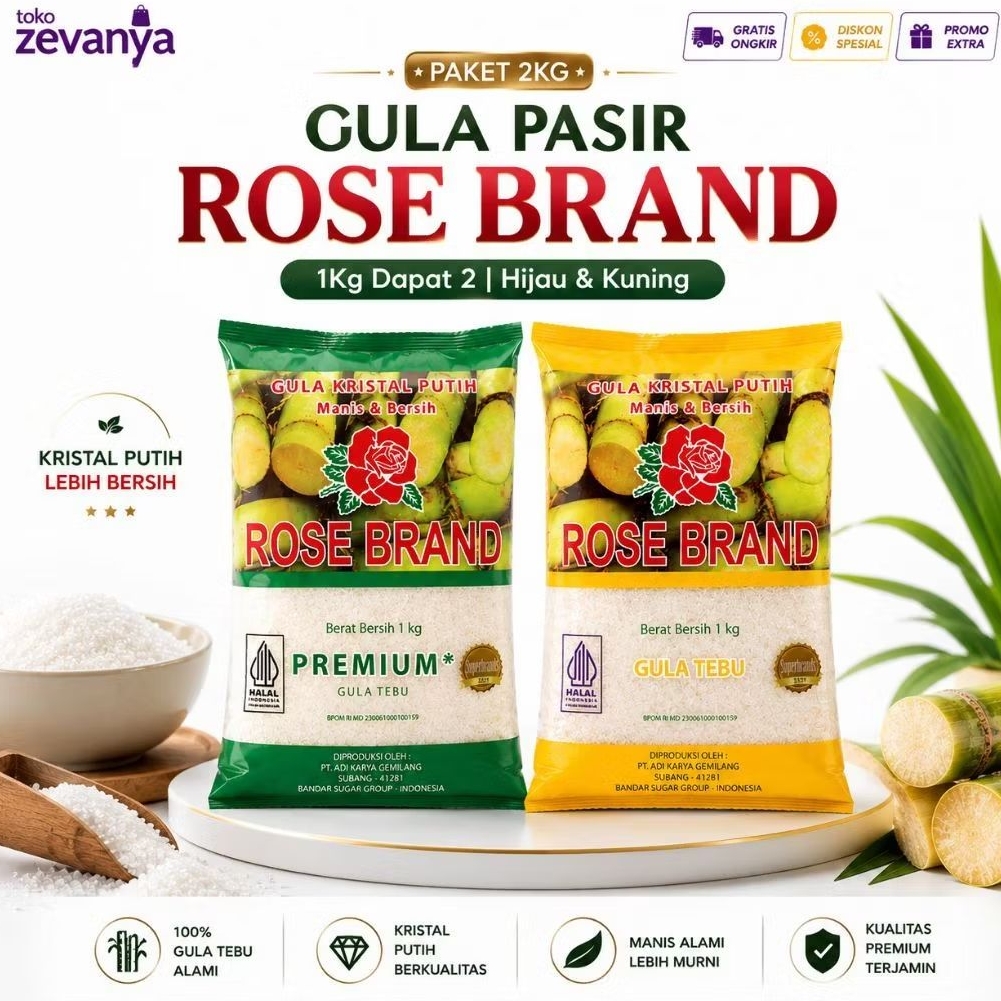 [ Paket 2kg Gula Pasir ] Gula Pasir Rose Brand 1kg - Gula Pasir Ori Premium Hijau Kuning