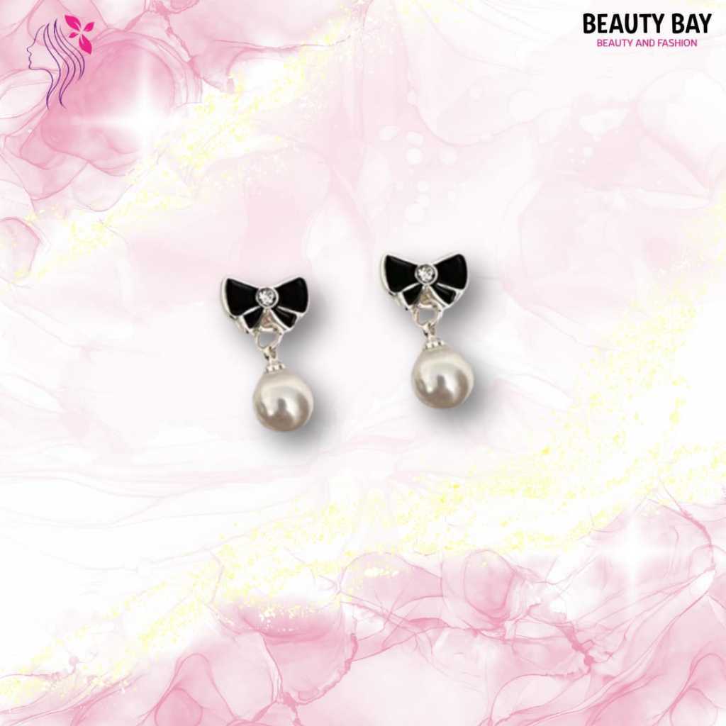 Anting Wanita Motif Pita Hitam dan Mutiara Putih Simpel Korean Style Elegan Giwang Titanium Asli Ori