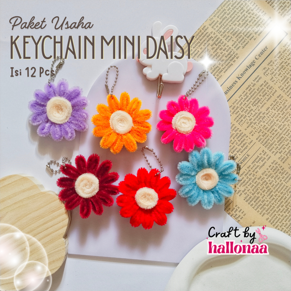 [Craft by Hallonaa] isi 12 paket usaha keychain mini daisy kawat bulu | gantungan kunci dan tas mini