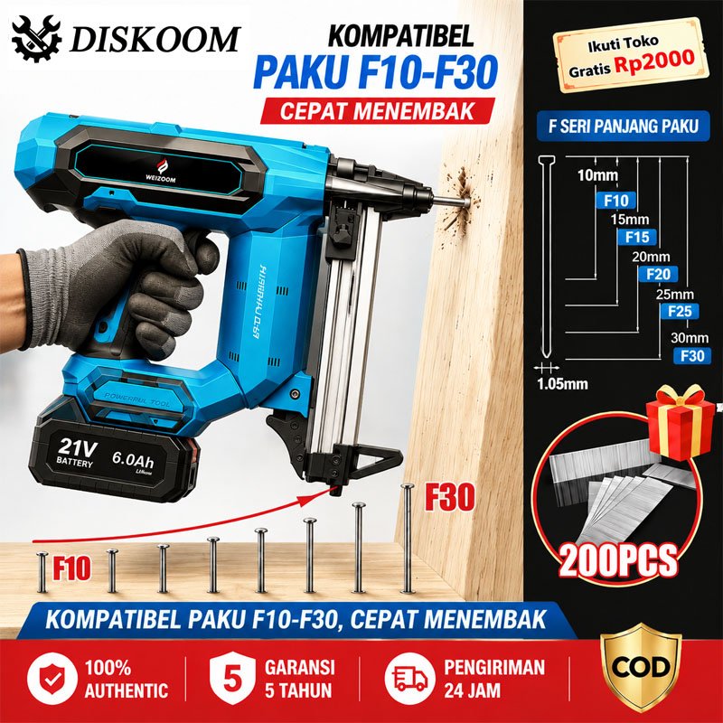 Diskoom Mesin Paku Tembak Listrik Kayu F30 21V Baterai Pneumatic Nailer 1500W Pneumatic Nailer Air N