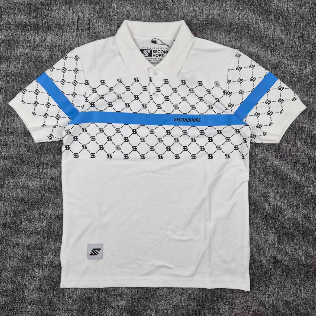 Kaos Polo Pria Terbaru Dari SecondHope Motif Print Putih Lengan Pendek dengan Detail Biru