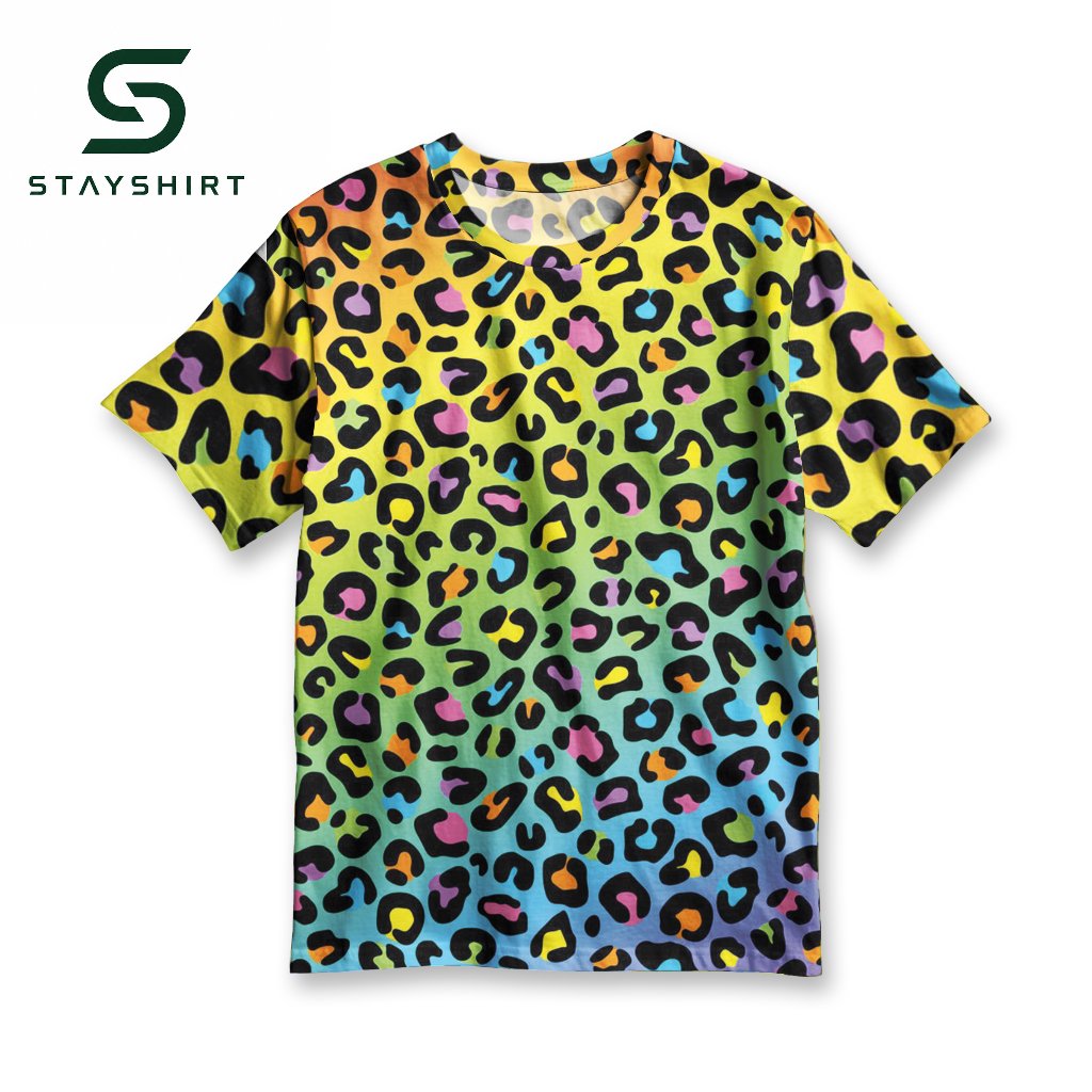STAYSHIRT - Kaos Motif Macan Tutul Leopard Rainbow Pelangi Colorful Pria Wanita Full Print Lengan Pe