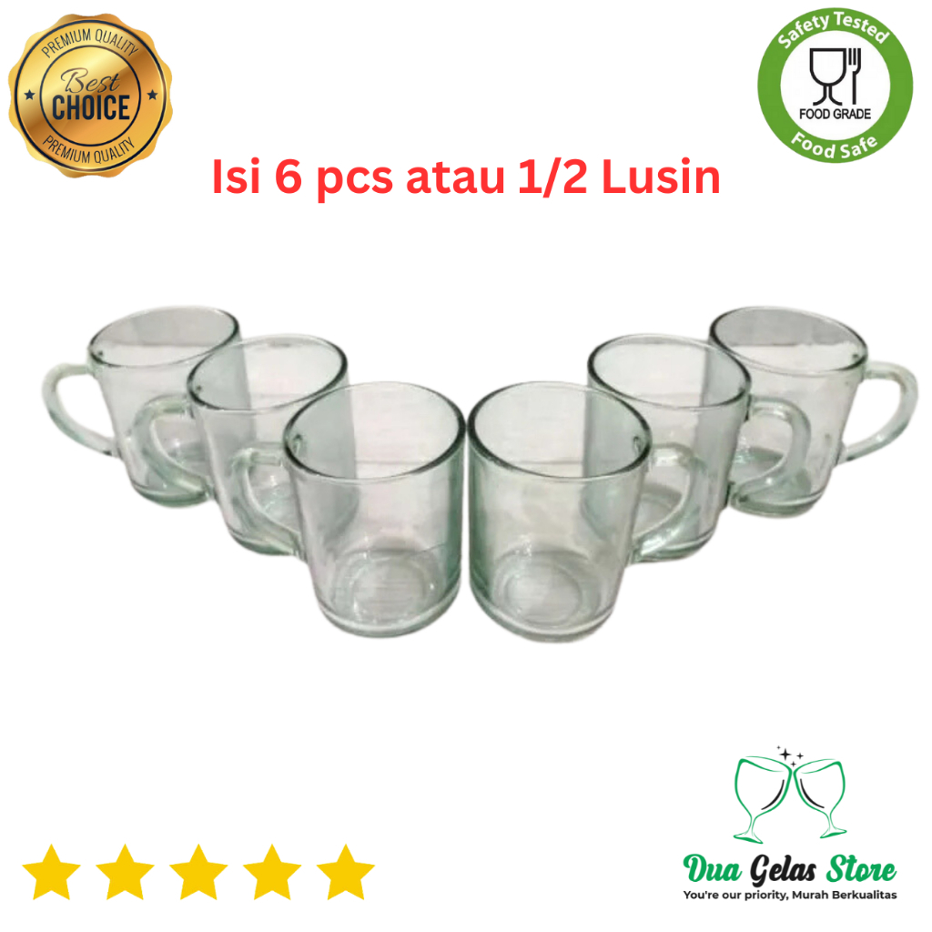 Gelas Cangkir Kopi Teh Kaca Beling Bening Gagang Polos 1 lusin 6 Pcs 12 pcs setengah lusin Mug Kopi