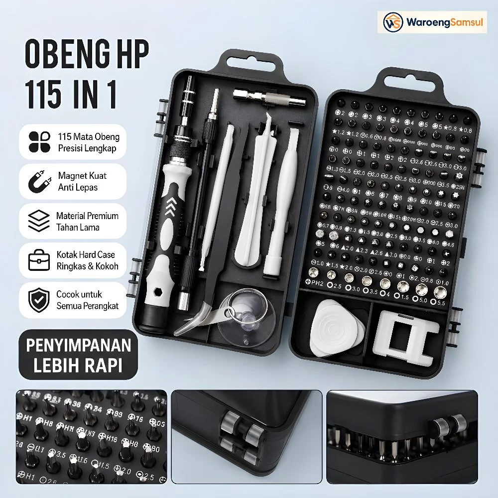 Set Obeng HP 115-in-1 Full Set – Alat Reparasi Handphone, Laptop & Komputer Lengkap