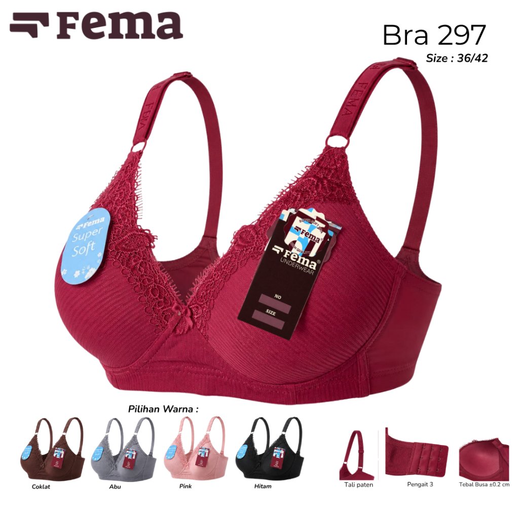 FEMA Official Shop Bra FEMA 297 Renda Atas Bra 1 pcs Kait 3 cup B sedang Tanpa kawat Busa standard