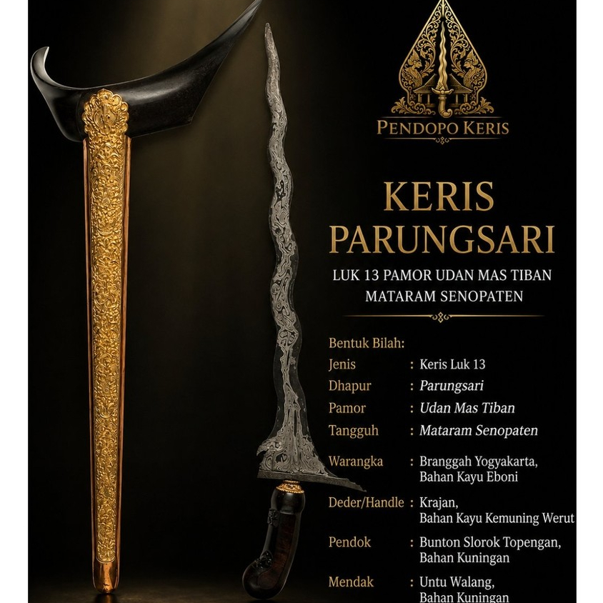 Keris Parungsari Luk 13 Pamor Udan Mas Tiban Mataram Senopaten