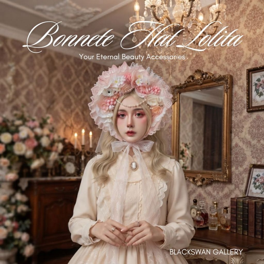 Blackswan Bonnete Nat Lolita Headwear Bunga Pita Renda Warna Pink Aksesoris Dress Lolita Aksesoris R