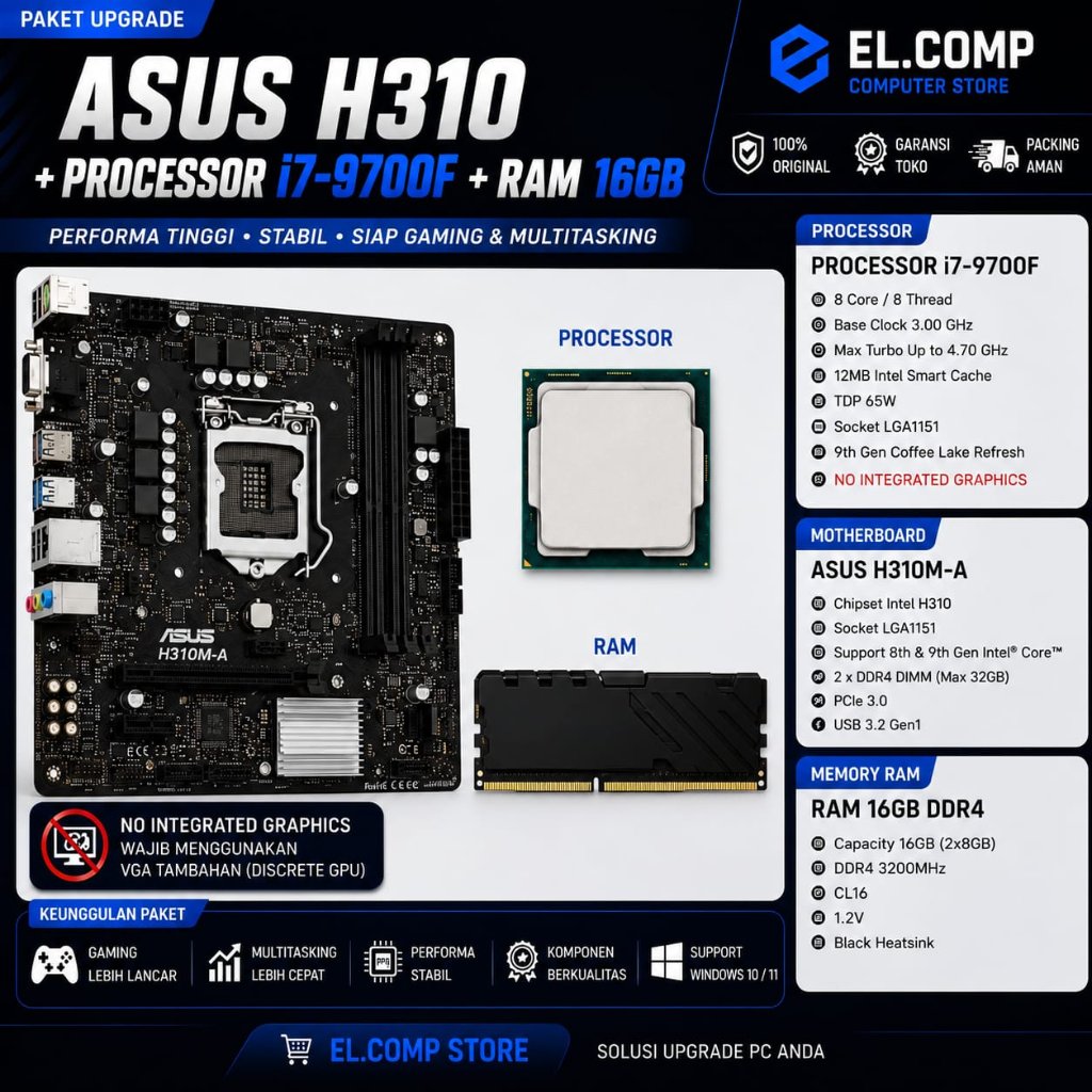 PAKET MOBO ASROCK H310 + I7 9700F + RAM 16 GB