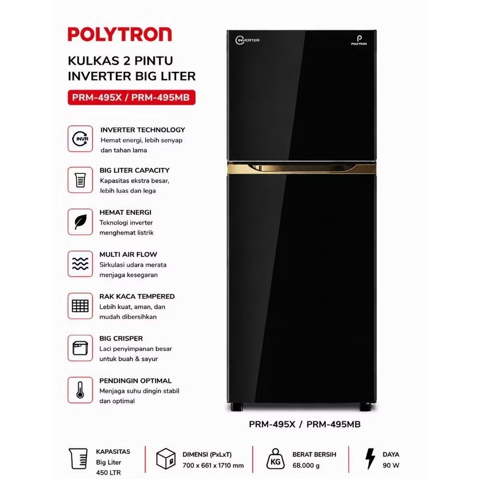 Kulkas Polytron 2 pintu inverter big liter PRM-495X / PRM-495MB