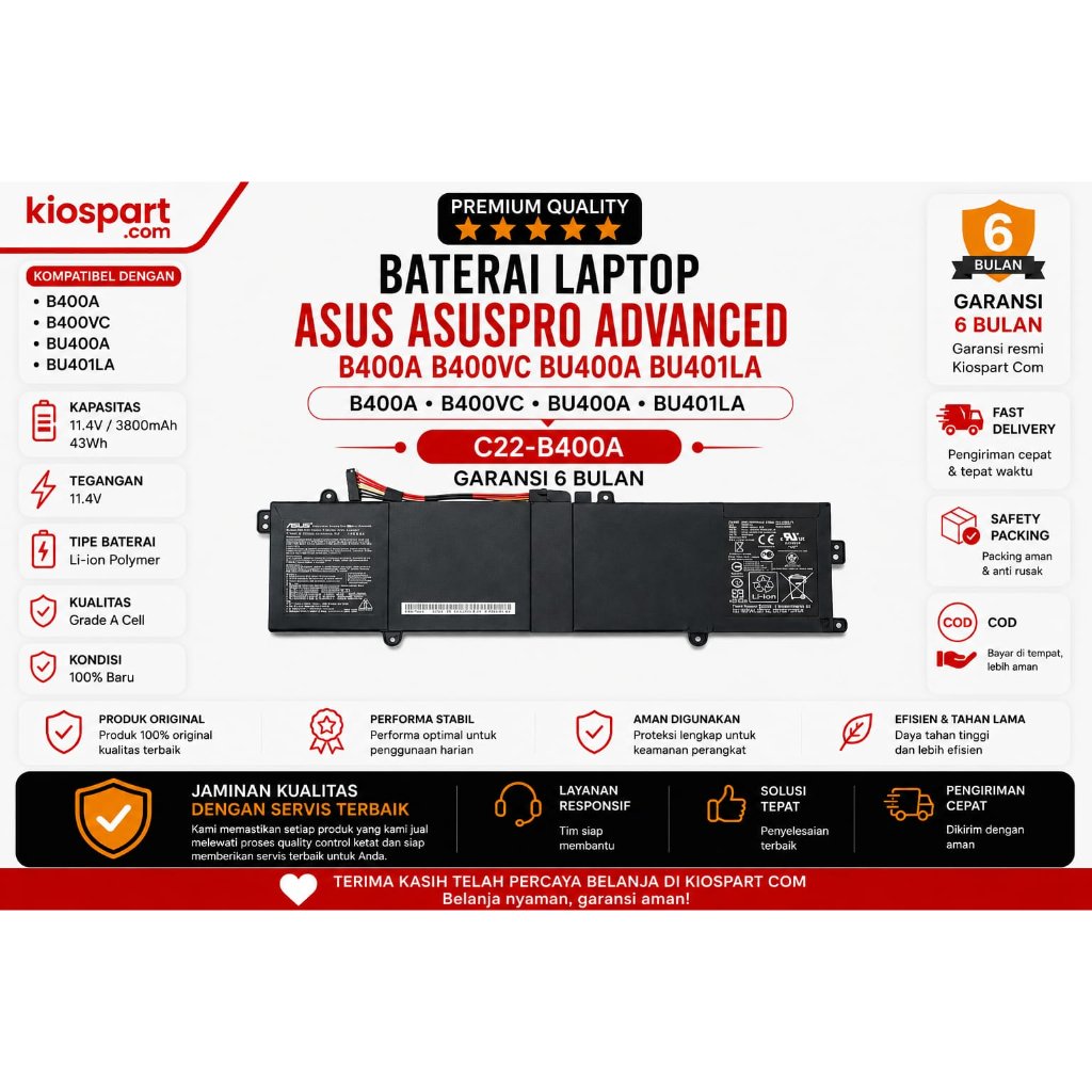 Baterai Laptop ASUS ASUSPRO Advanced B400A B400VC BU400A BU401LA C22-B400A Garansi 6 Bulan - Kiospar