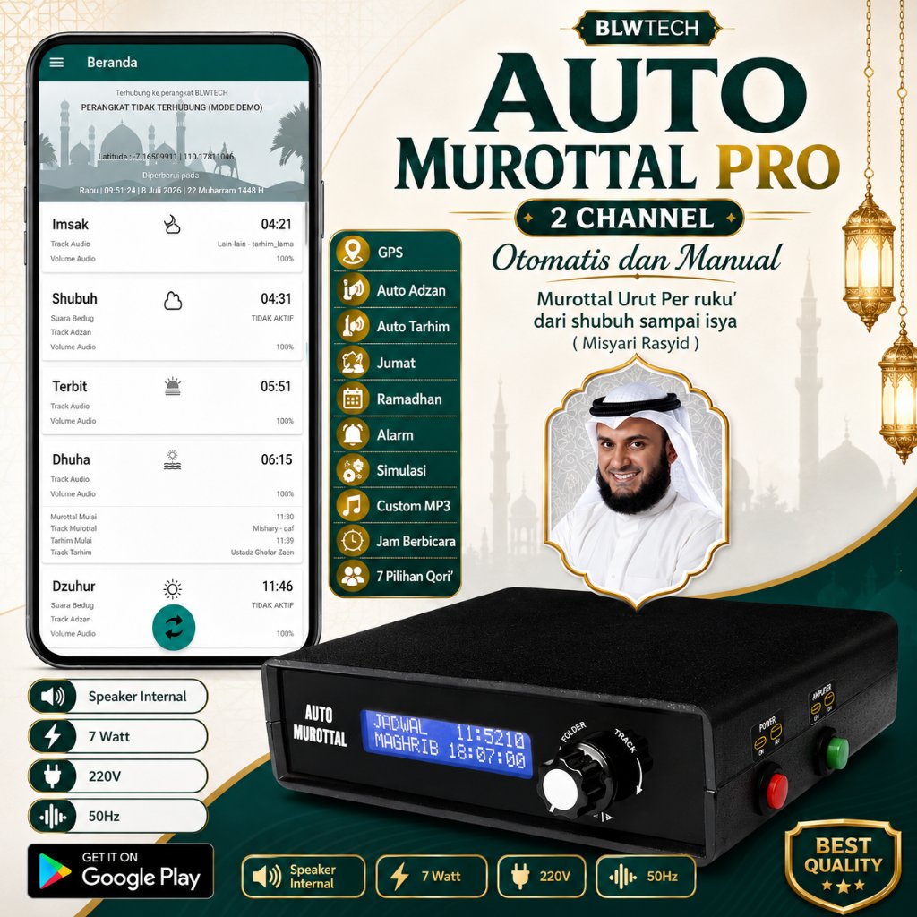Auto Murottal Tartil Tarhim Pro 2 Channel MASJID Otomatis dan Manual menjelang waktu sholat setting 