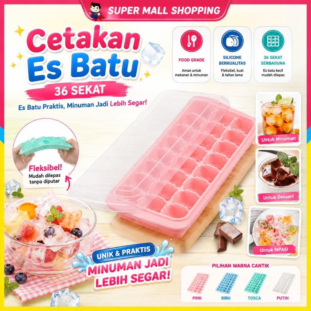 SMS Cetakan Es Batu Cokelat Jelly 36 SEKAT Silicone Ice Cube Tray Mold Dengan Penutup Food Grade Ant