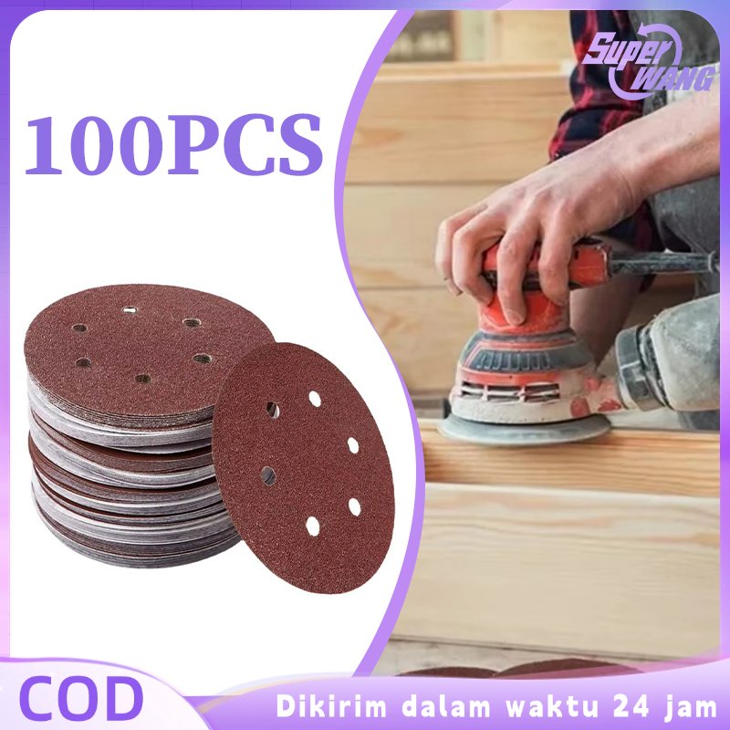 100pcs Amplas Bulat Velcro 5inch 8 Lubang Amplas Bulat Velcro Amplas Tempel P80/180/240/320/400/800/