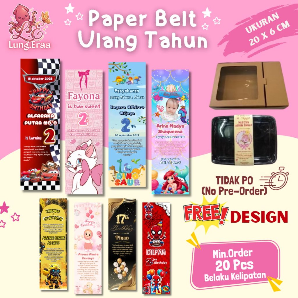 Paperbelt Ulang Tahun Custom 20x6cm | Paper Belt Birthday Anak | STIKER BENTO Nasi Box Birthday Part