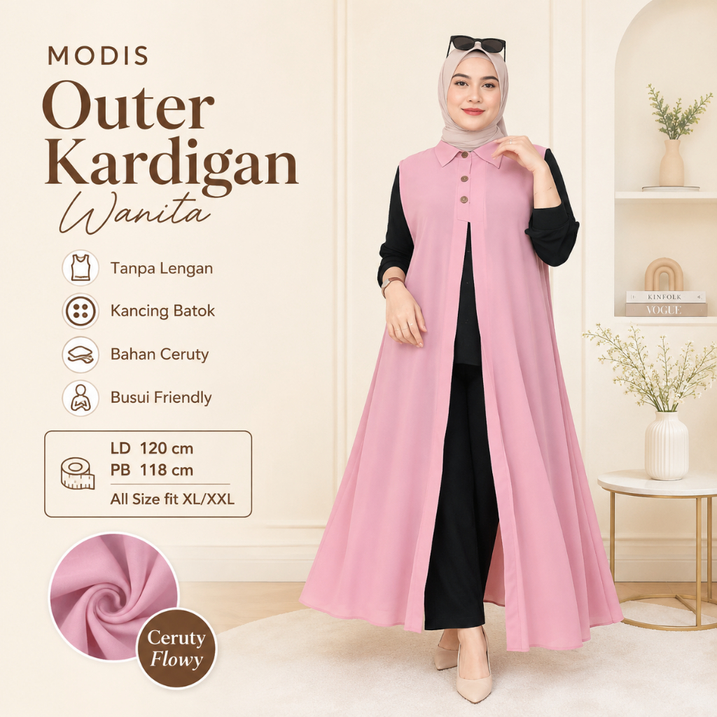 Modis Outer Kardigan Wanita Tanpa Lengan Bahan Ceruty Wanita Panjang Muslim Polos Jumbo Kekinian