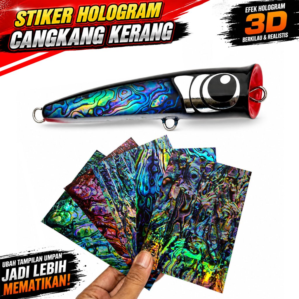 Stiker Abalone Cangkang Kerang Hologram Bunglon Umpan Pancing Popper Stickbait