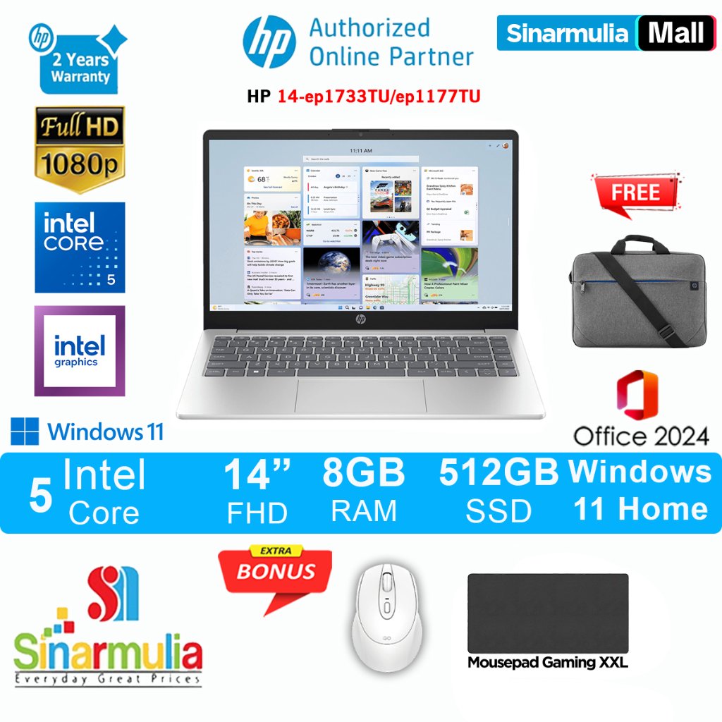 HP 14 Core 5 120U 512GB SSD 8GB Win11+OHS - ep1733TU/ep1177TU