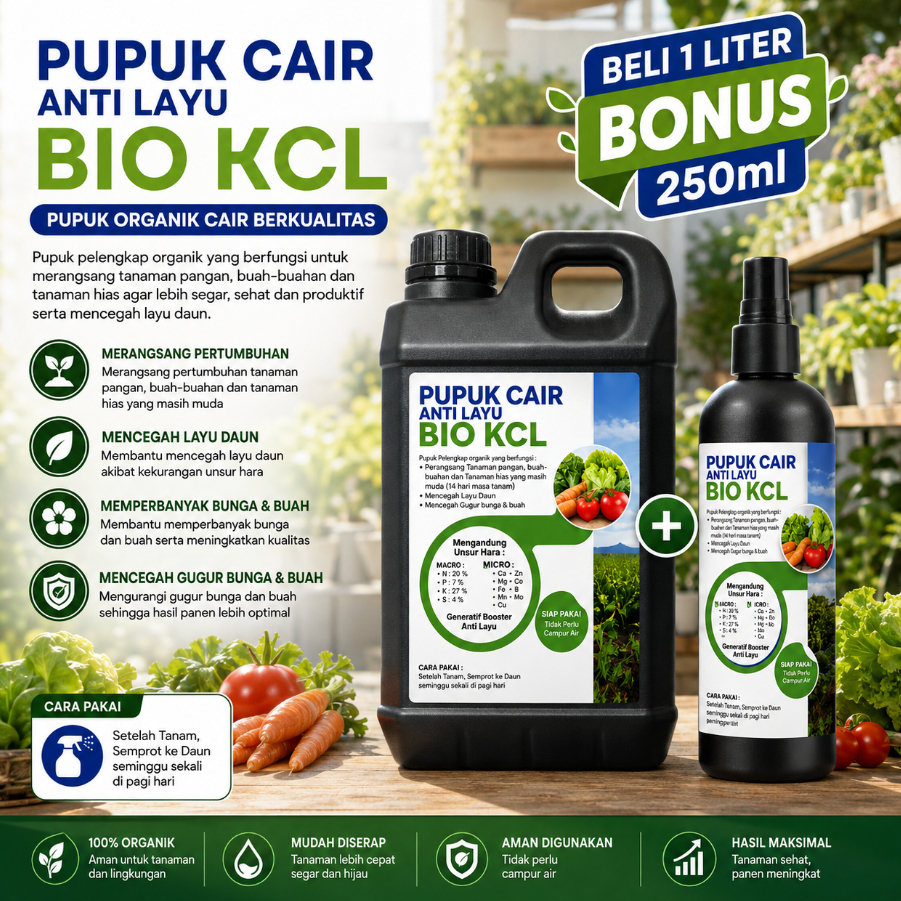 Bio KCL Pupuk Cair 1 Liter | Pupuk Kalium untuk Tanaman | Booster Pertumbuhan Buah, Bunga & Padi