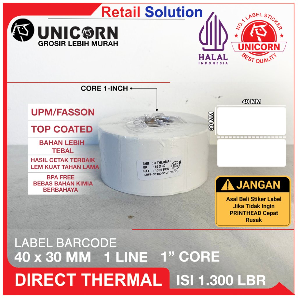 Unicorn Stiker Label Barcode Thermal 40x30 mm / 40 x 30 mm / 40x30mm / 4x3CM