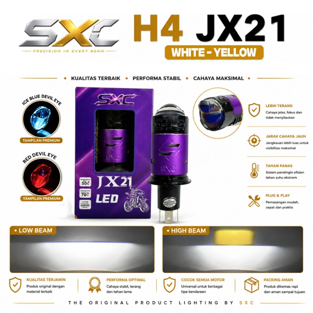 ORIGINAL LAMPU UTAMA H4 LED JX21 40 WATT NEW UPGRADE PREMIUM MERK SXC HIGH LOW AC DC H4 MINI PROJIE 