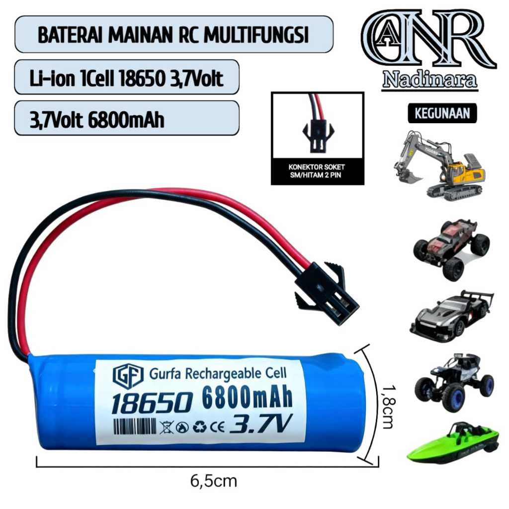 Baterai RC18650 / Baterai Mainan Anak Tipe Li-Ion 18650 3.7v 6800mAh soket hitam