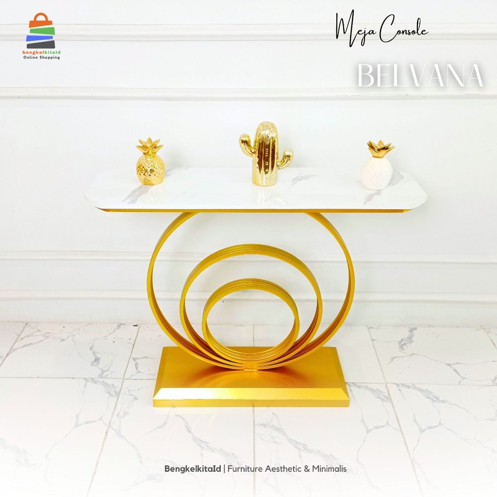 Meja Console Belvana Aesthetic Minimalis Besi Holo Glossy Gold Top HPL - Bengkelkitaid