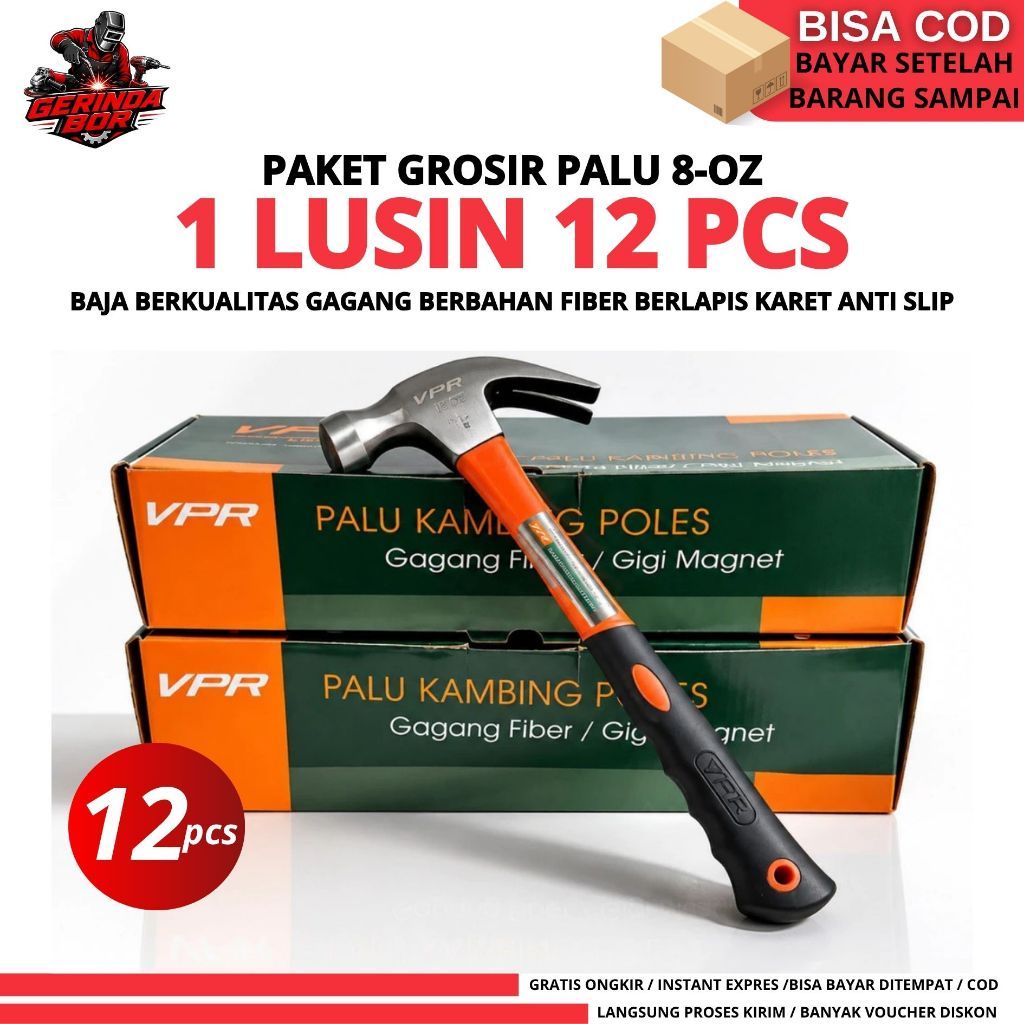 1 LUSIN 12 PCS Palu Kambing Gagang Fiber Gerigi Magnet VPR 8 Oz Martil Cungkil Paku Gagang Fiber SBJ