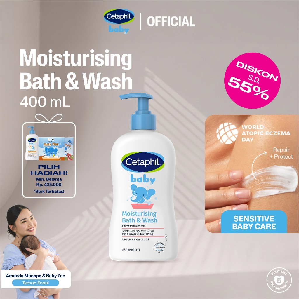Cetaphil Baby Moist Bath & Wash 400ml Dengan Almond Oil Perawatan Sabun Mandi untuk Melembapkan Kuli