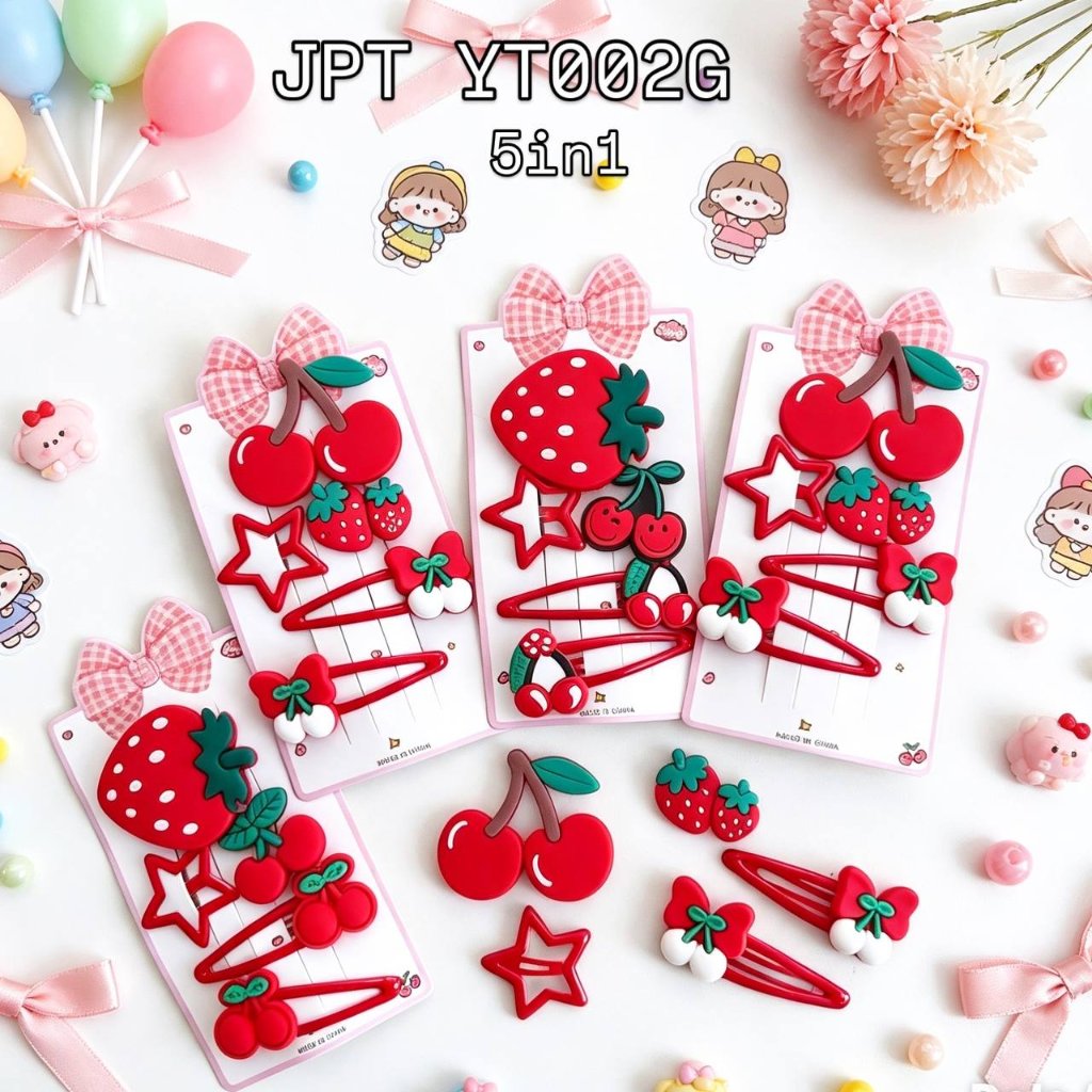 JPT YT002G - ISI 12 JEPIT ANAK 5IN1 TIK TOK + BUAYA TEMPELAN BONEKA KARET STRAWBERRY CHERRY