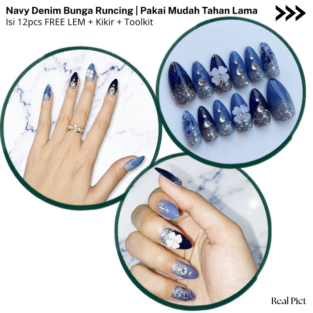 NAVY DENIM BUNGA RUNCING / KUKU PALSU / NAIL ART / KUKU PALSU WEDDING / NAIL ART WEDDING