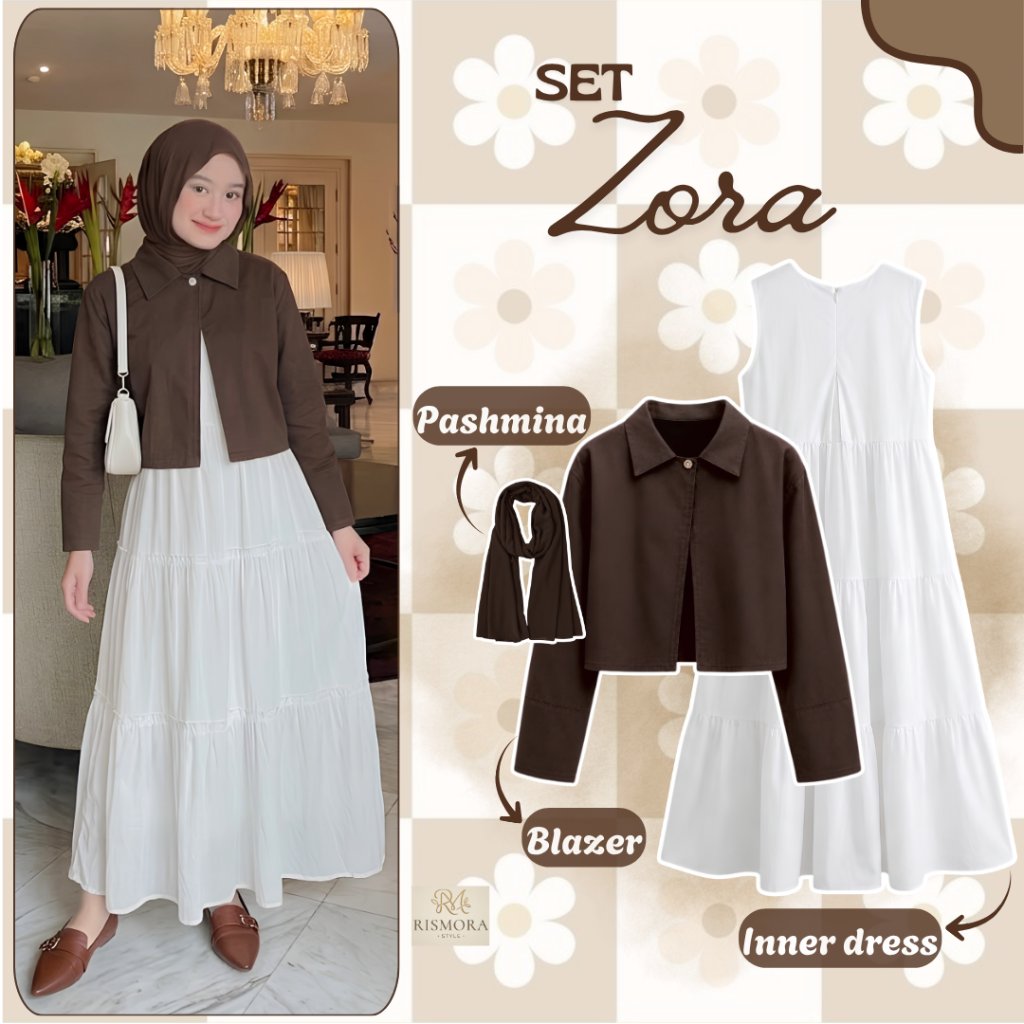 Outfit Hijab Wanita Modern 3in1 | Zora Blazer Mahoghany Semiwoll Premium + Inner Dress Hyget Putih B