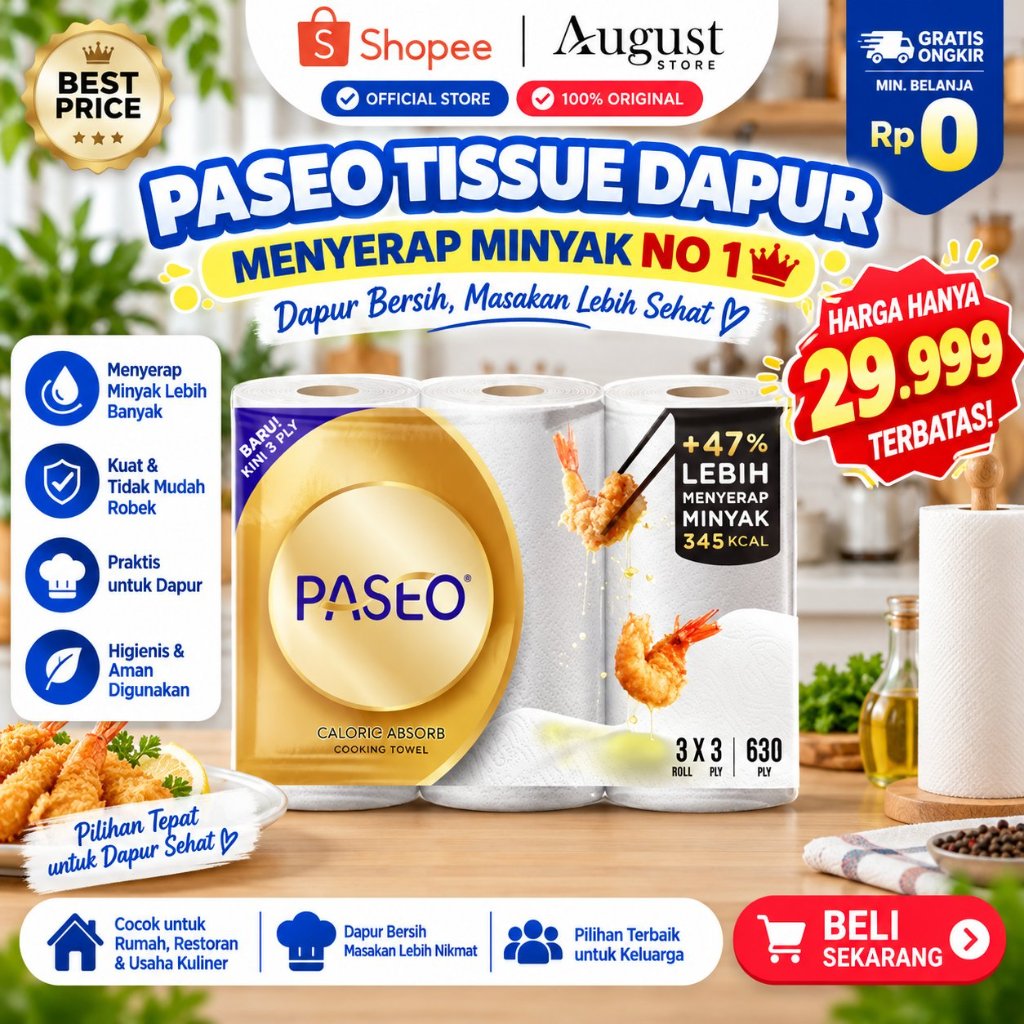 Tisu Tissue Paseo Kitchen Calorie Absorb Isi 3 Roll / 70 Sheet / Tissue Dapur Minyak / Tissue Serap