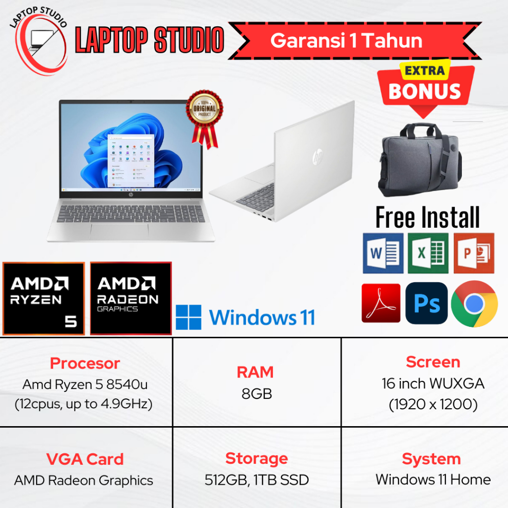 Laptop Baru HP Amd Ryzen 5 8540u (12Cpus up to 4,9GHZ) SSD 1TB