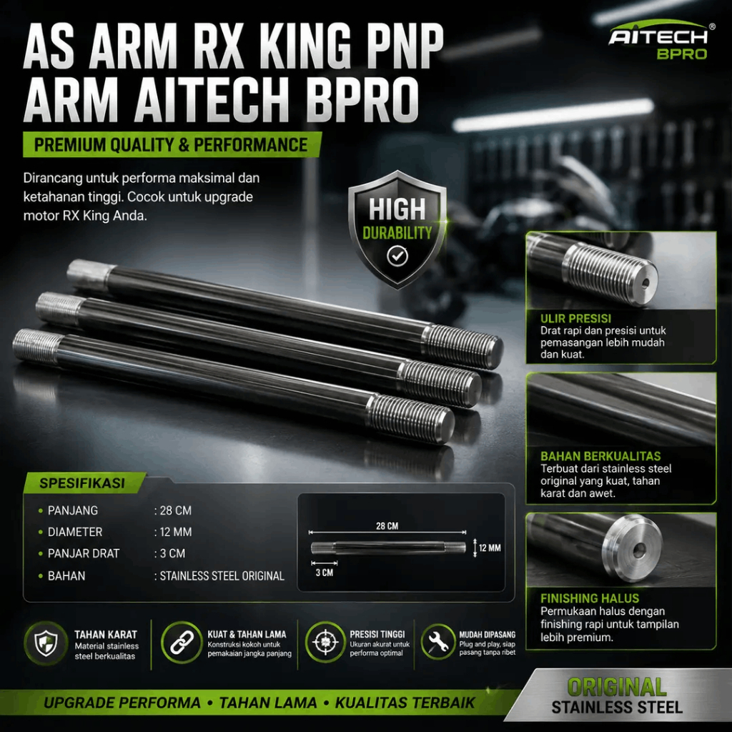 As Arm RX King Pnp Arm BPRO AITECH Bahan Stainless Original Panjang 28 cm Diameter 12 mm Drat 3 cm