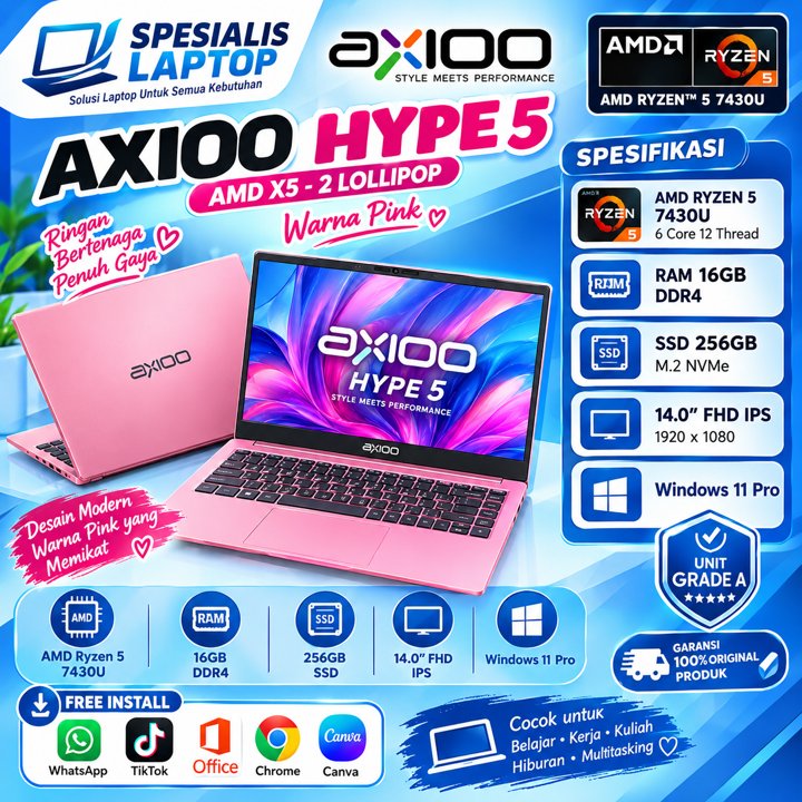 Laptop Axioo Hype 5 AMD X5 -2 Ryzen 5 7430U RAM 16GB SSD 512GB FHD IPS Windows 11 Pro Grey