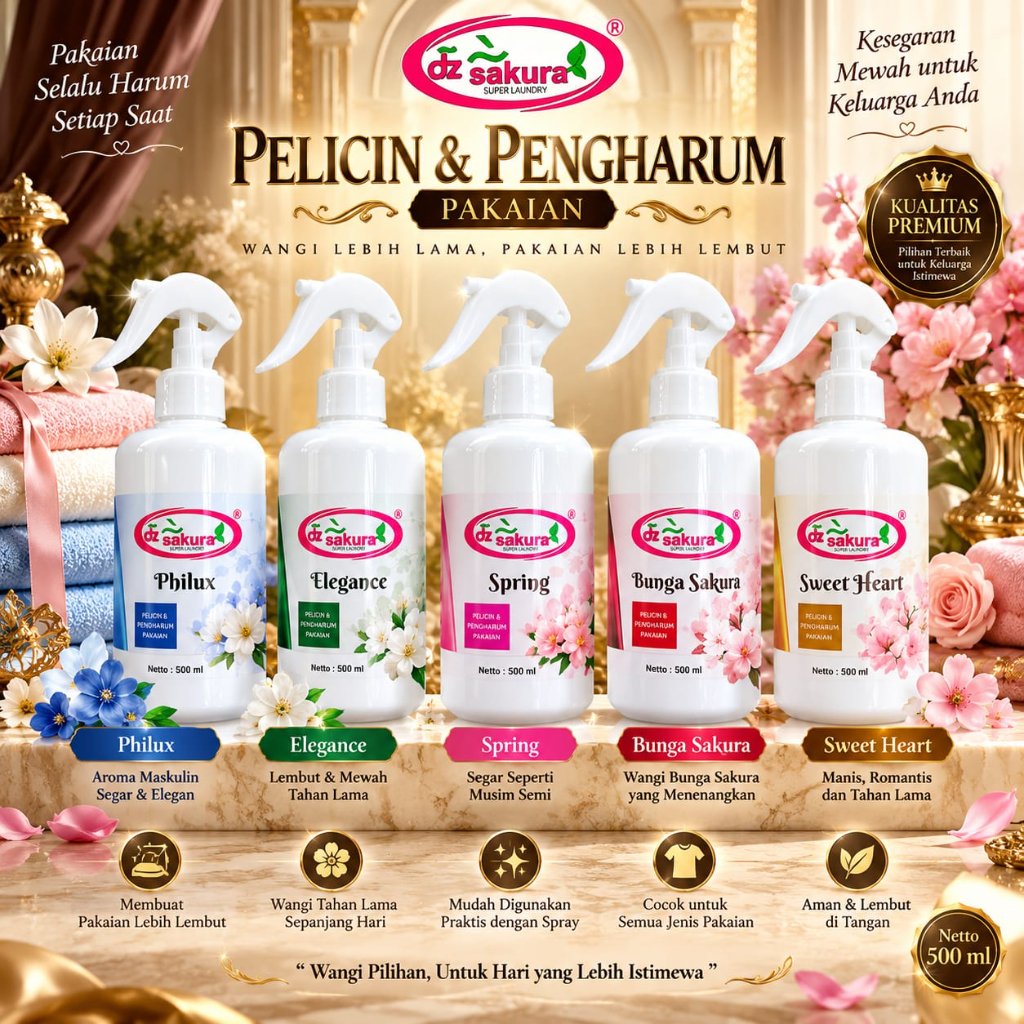 DZ Sakura Pelicin dan Pengharum Pakaian Botol Spray Kemasan 500ml