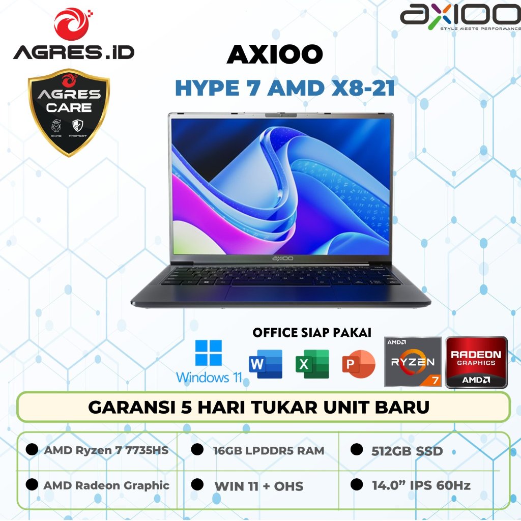 LAPTOP AXIOO HYPE 7 AMD JKT48 X8-21 RYZEN 7 7735HS RAM16GB SSD 512GB W11 GARANSI RESMI