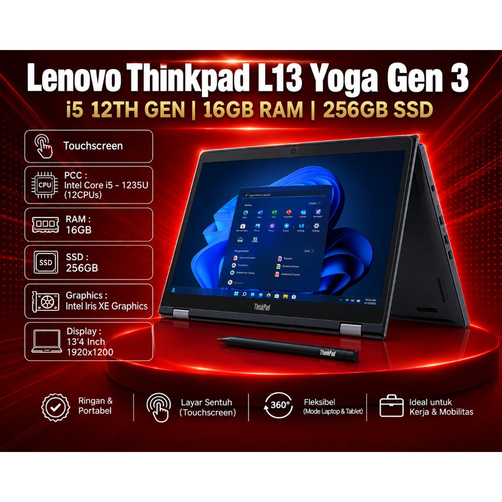 Lenovo Thinkpad L13 Yoga Gen 3 Core i5 Gen 12 Ram 16 SSD 265 Touchscreen - Siap Pakai