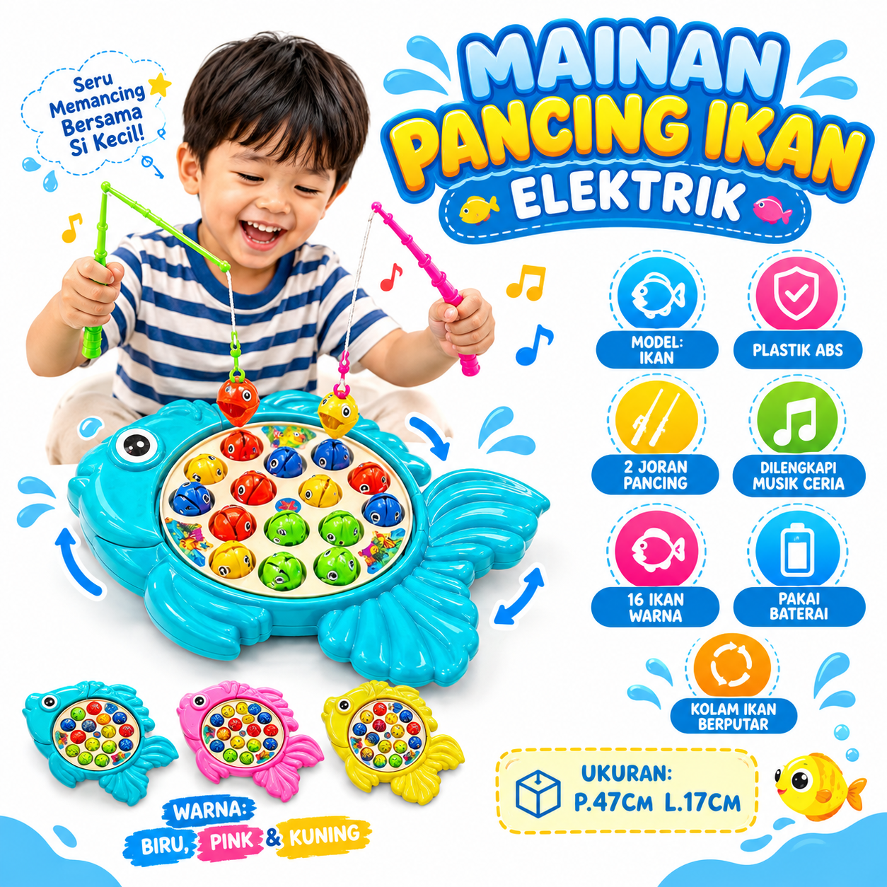 Mainan Pancing Ikan Elektrik untuk Anak 2 Joran Pancing 16 Ikan Warna Kolam Ikan Berputar