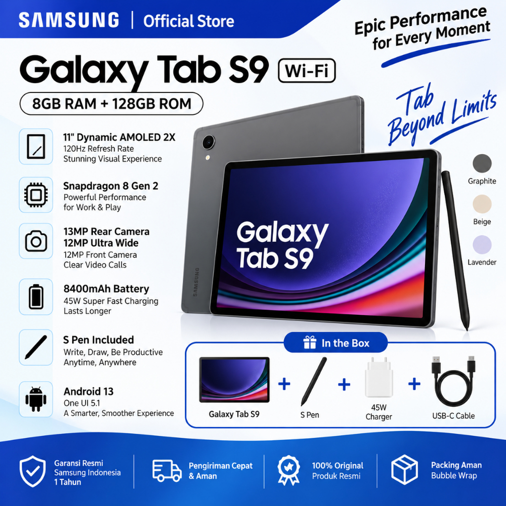 Samsung Galaxy Tab S9 Tablet | Layar Besar AMOLED 11” | Snapdragon | Keyboard + S Pen | 15000mAh Bat