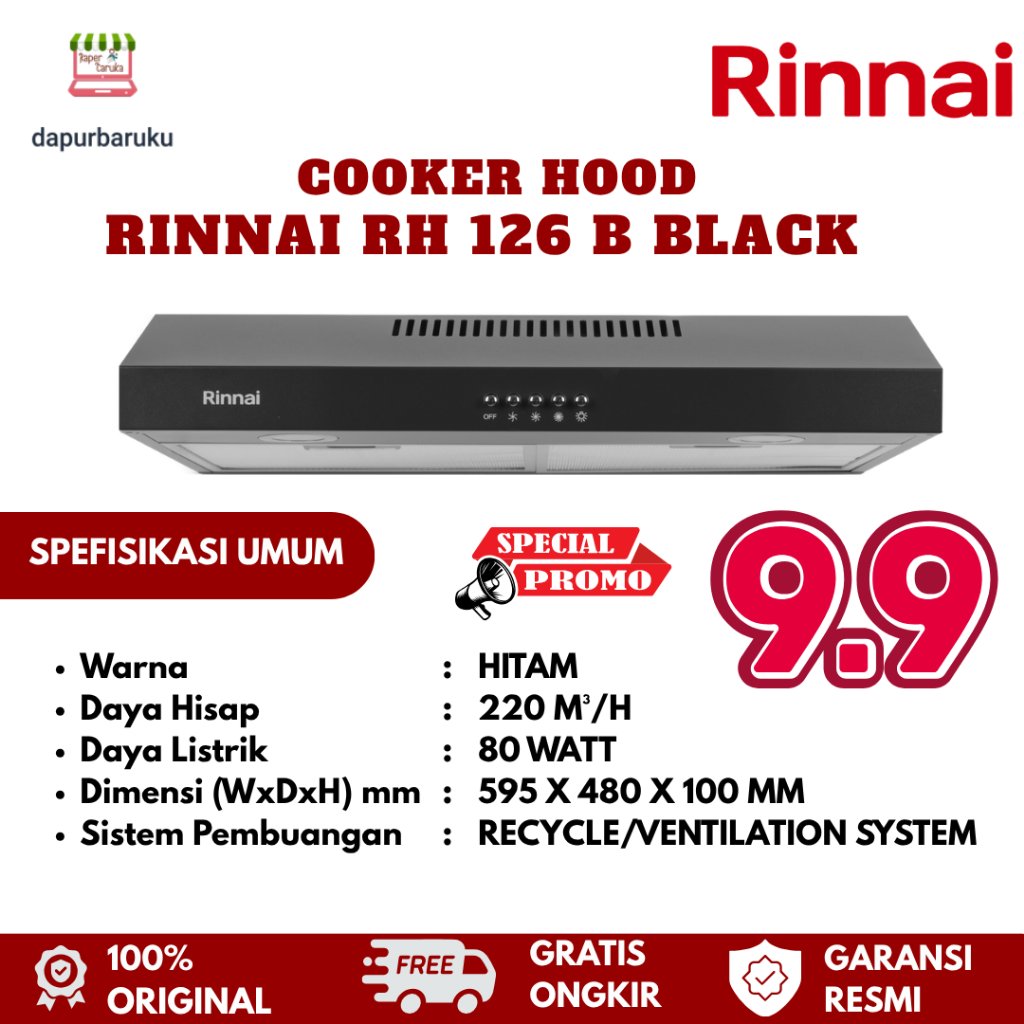 RINNAI RH 126 B/RH126B/RH-126 B/black/hitam Cooker Hood – Hisap Asap Dapur, 2 Motor Kuat, Filter Ant