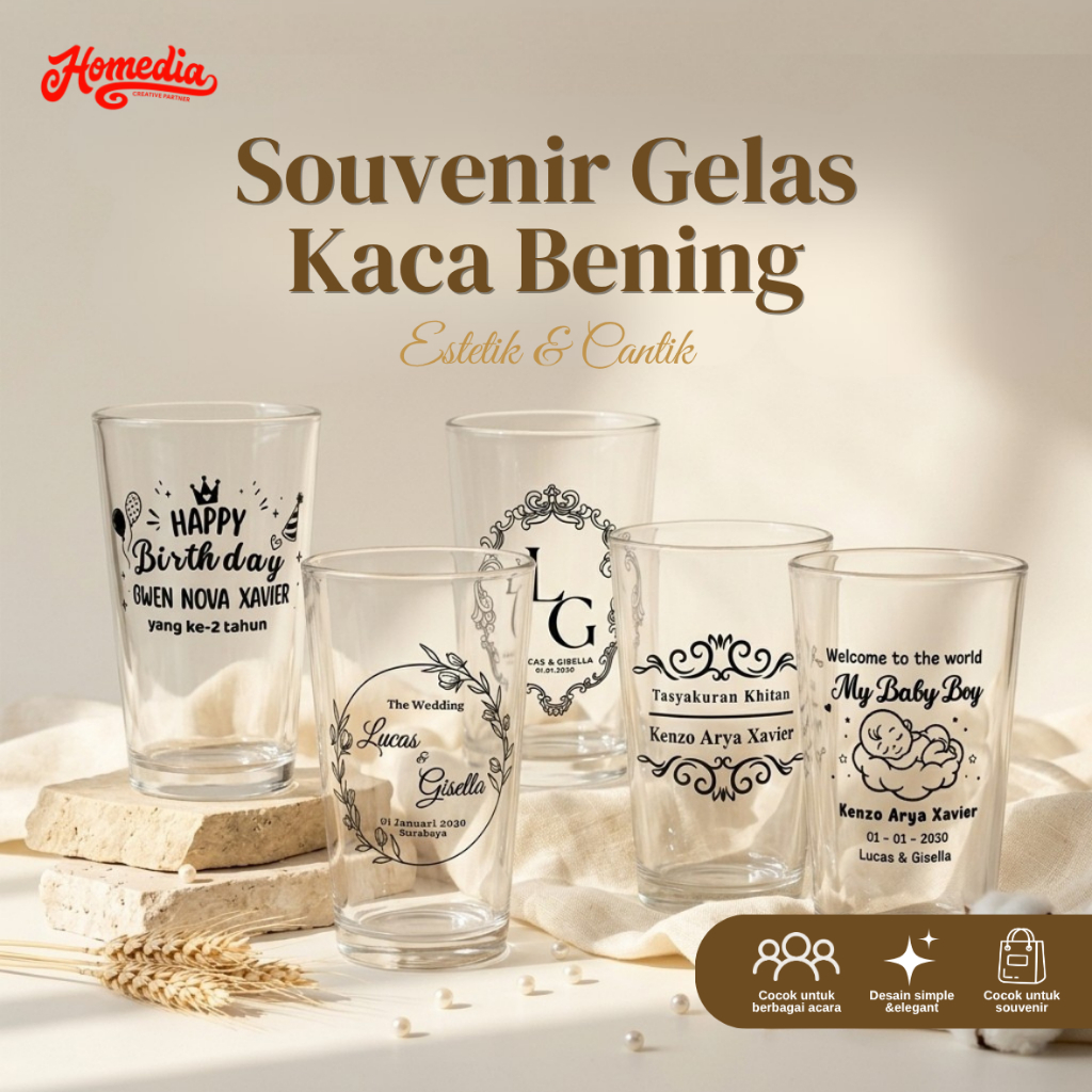 Souvenir Gelas Kaca Bening Custom Decal UT8