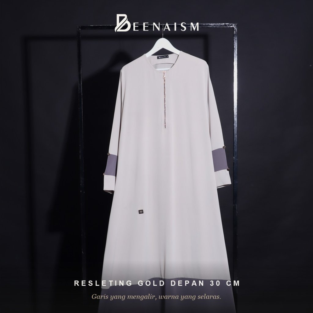 BEENAISM Noir Abaya — Gamis Color Block Bahan Dubai Resleting Gold 30 cm | Abaya Syari Premium Wudhu