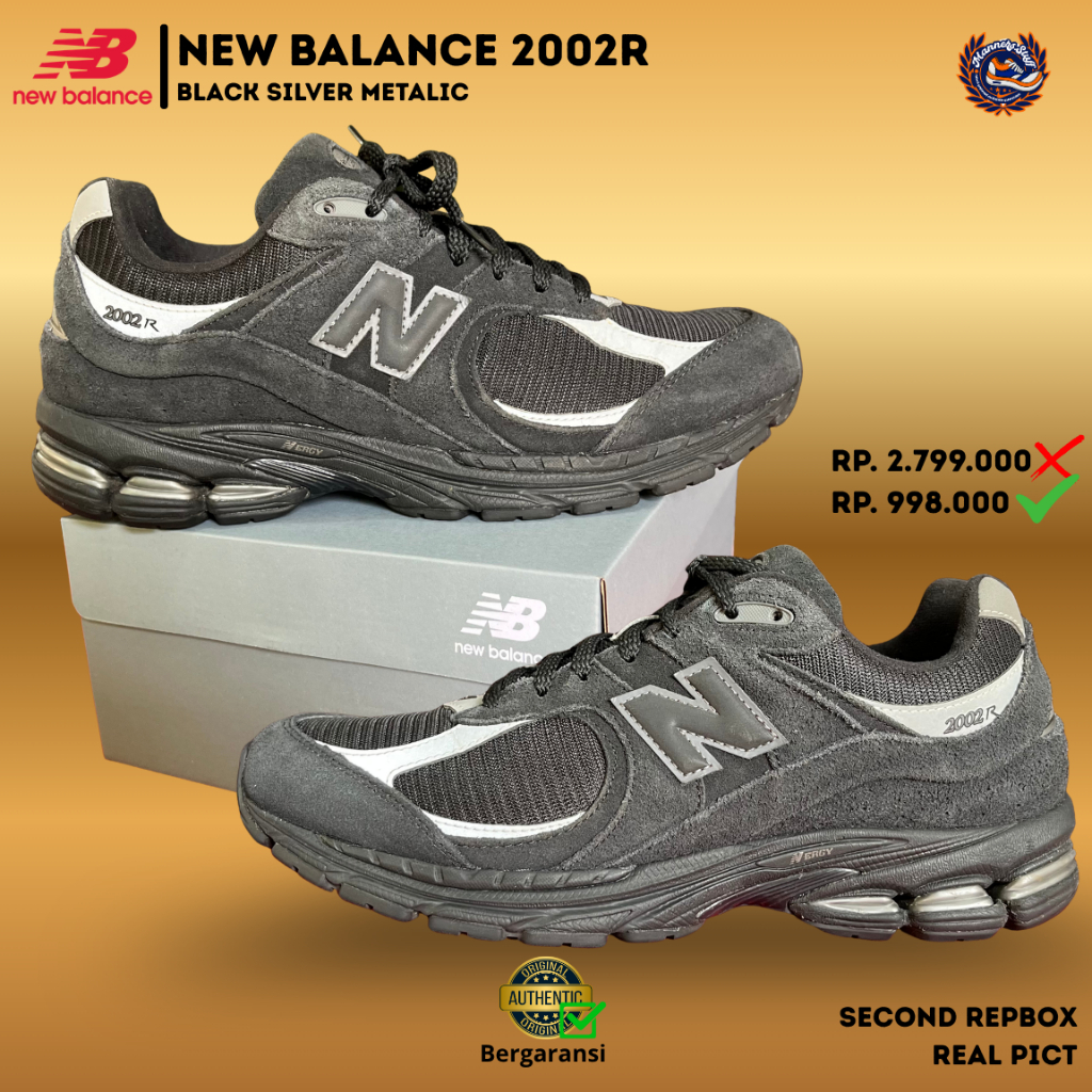 Sepatu New Balance (NB) 2002r Black Silver Metalic Size 44,5 Second Original Sneakers