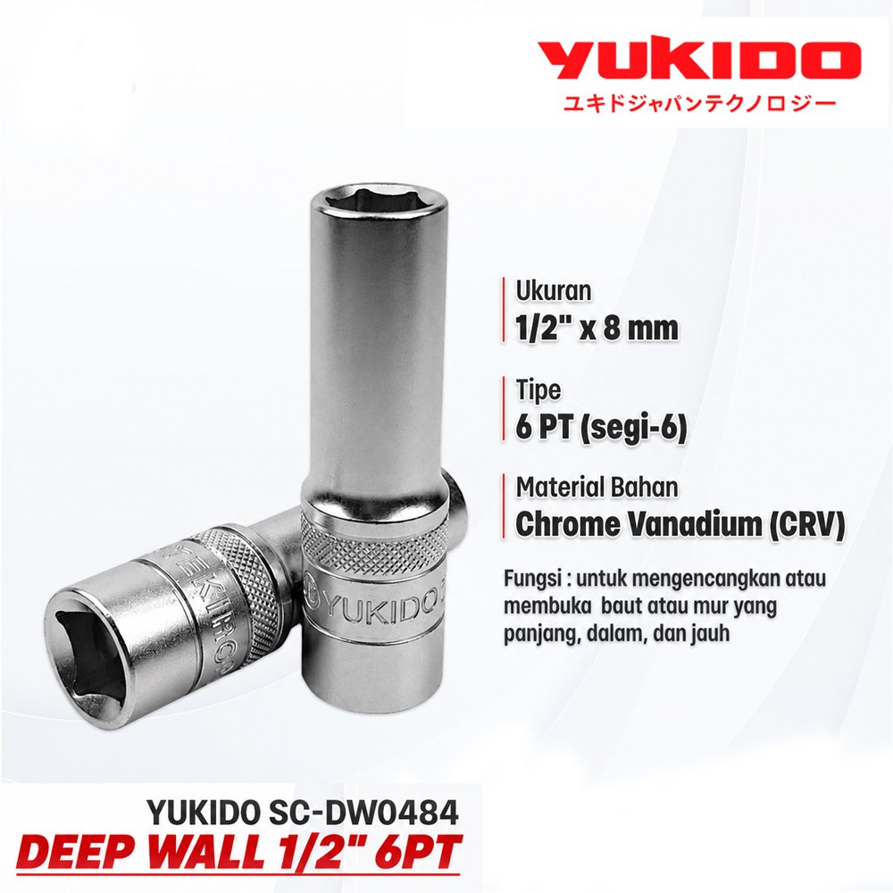 YUKIDO Mata Sok 8 mm Panjang Deep wall Socket 1/2” 6 PT Mata Kunci Shock 8 mm Mata Sock Panjang 8 mm