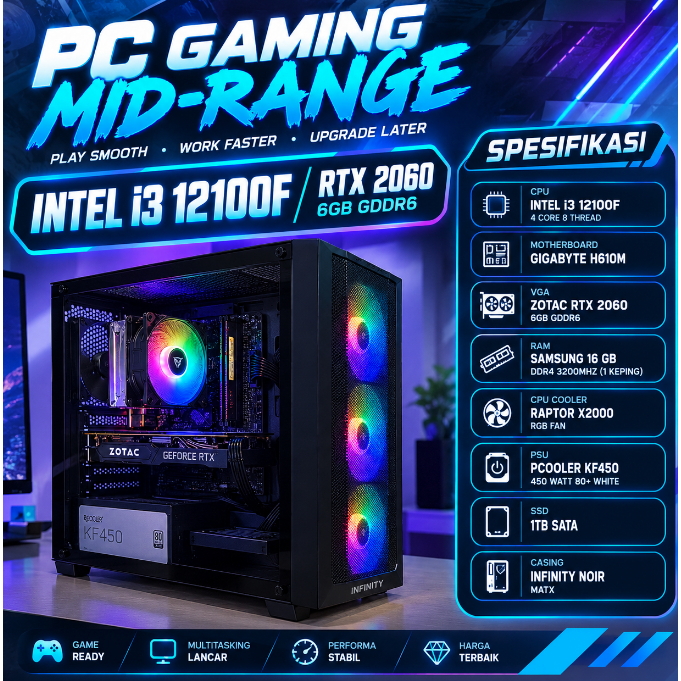 PC RAKITAN I3 12100F + RTX 2060 VRAM 6GB BEKAS NO MINUS