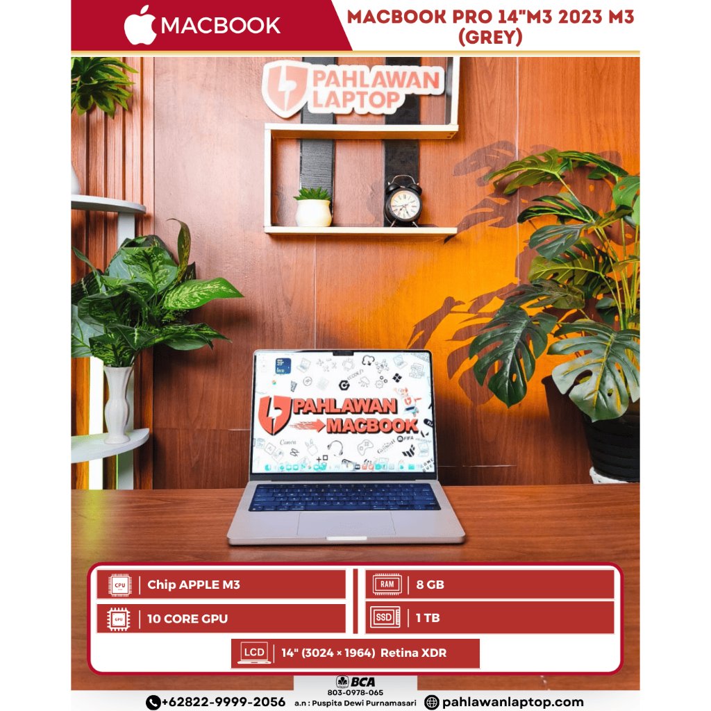 APPLE MACBOOK Pro 13" 2023 M3 Chip APLLE M3/ RAM 8 GB/ SSD 1 TB/ Ukuran Layar 14"