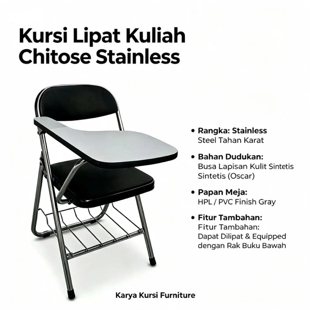 Kursi Lipat, Kursi Kuliah, Kursi Belajar Chitose Hitam Stainless