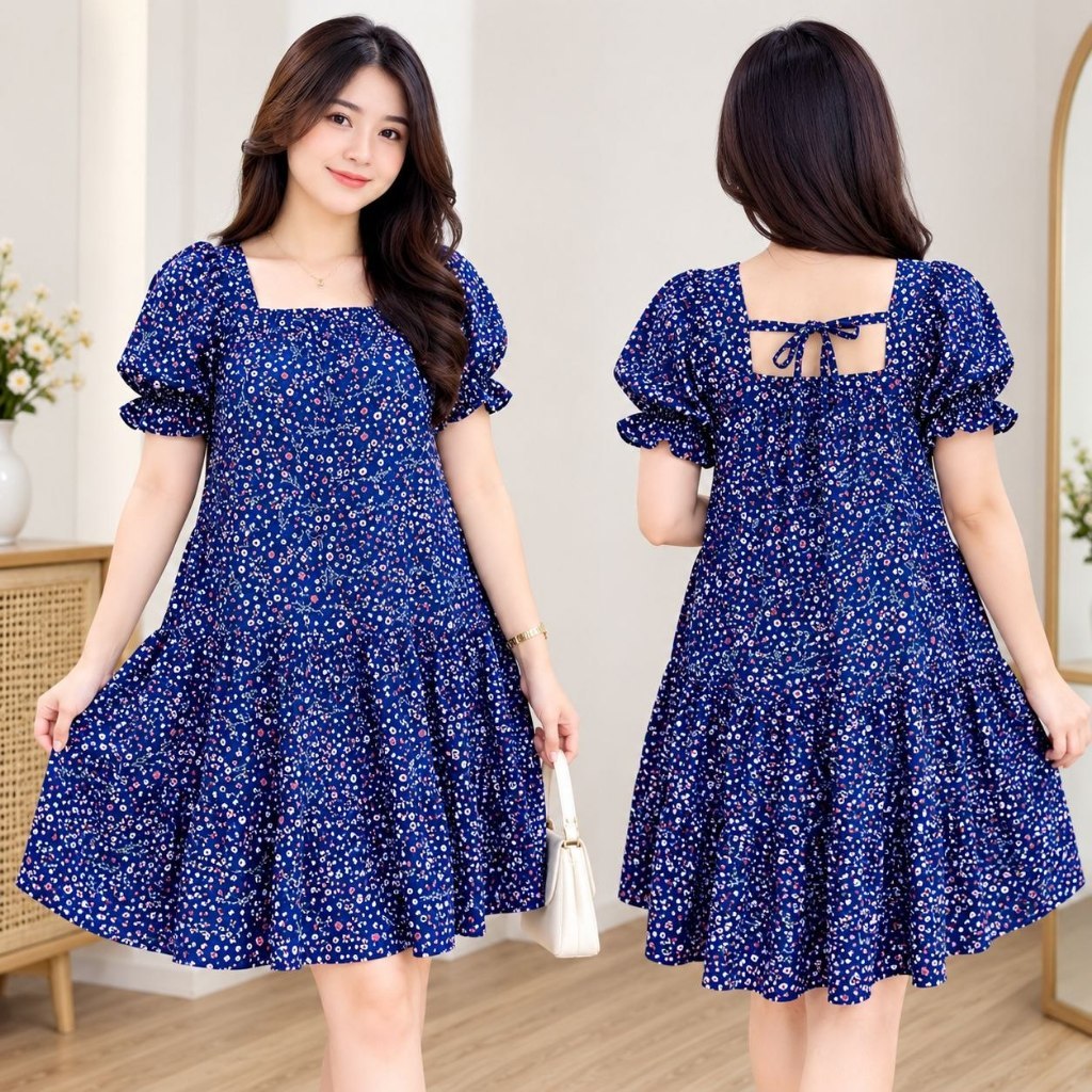 Dress Fuji Wanita Rayon Lengan Puff Ruffle Leher Square Tali Belakang Dress Bali